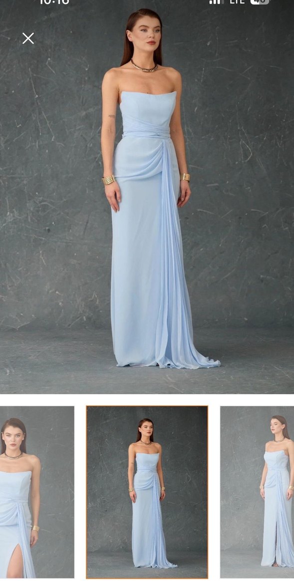 Mavi Drapeli Uzun Straplez Abiye Elbise - Görsel 3