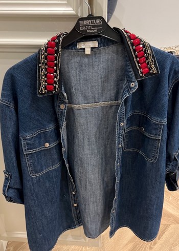 Nakışlı Mavi Kadın Denim Ceket