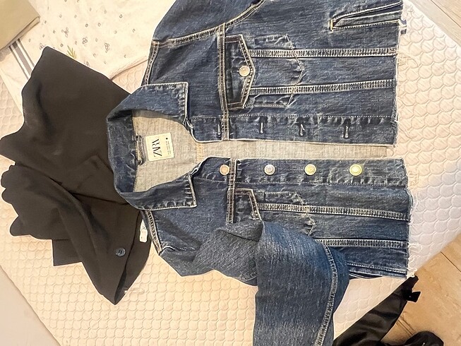 s Beden Koyu mavi kot crop ceket