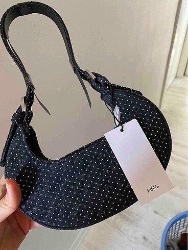 Beden lacivert Renk Mango sert denim parlak taşlı çanta