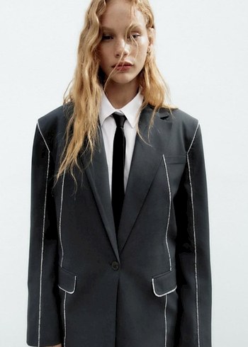 Kadın Gri Midi Blazer, Notch Yaka, Strappy Kol