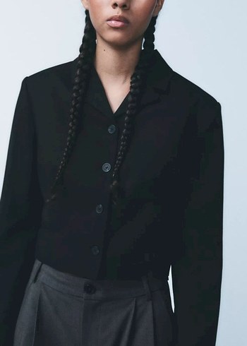 Düğmeli Siyah Keten Kadın Blazer