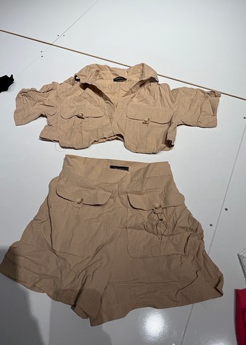 Bej Keten Mini Takım, Salaş Kesim, Kısa Kollu - Görsel 2