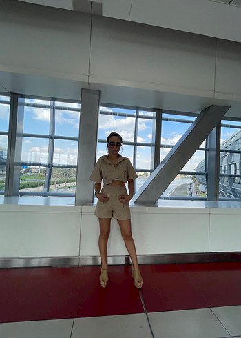 Bej Keten Mini Takım, Salaş Kesim, Kısa Kollu - Görsel 5