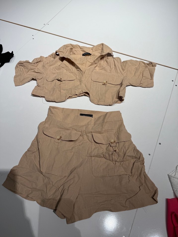 Bej Keten Mini Takım, Salaş Kesim, Kısa Kollu - Görsel 2