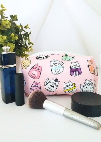 Beden pembe Renk KEDİ DESENLİ PEMBE MAKYAJ ÇANTASI