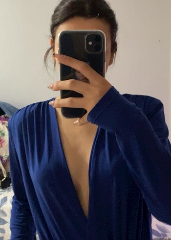 Zara Kadın Lacivert V Yakalı Uzun Kollu Body