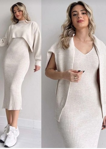 Bej Uzun Kollu Triko Elbise - Görsel 3