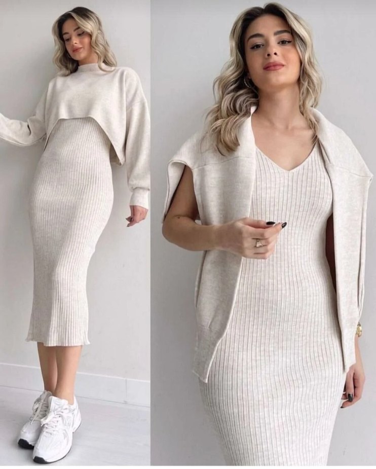 Bej Uzun Kollu Triko Elbise - Görsel 3