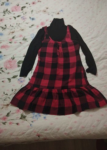 Kendinden boğazlı penyeli ekoseli elbise - Görsel 8