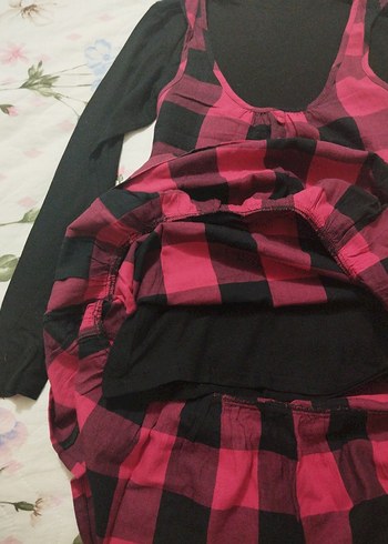 Kendinden boğazlı penyeli ekoseli elbise - Görsel 6