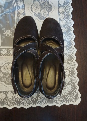 Yeşil kundura kahverengi nubuk dolgu topuk kadın ayakkabı - Görsel 5