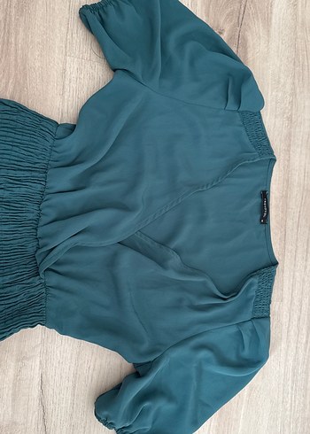 Turkuaz V Yaka Pilili Midi Elbise - Görsel 2