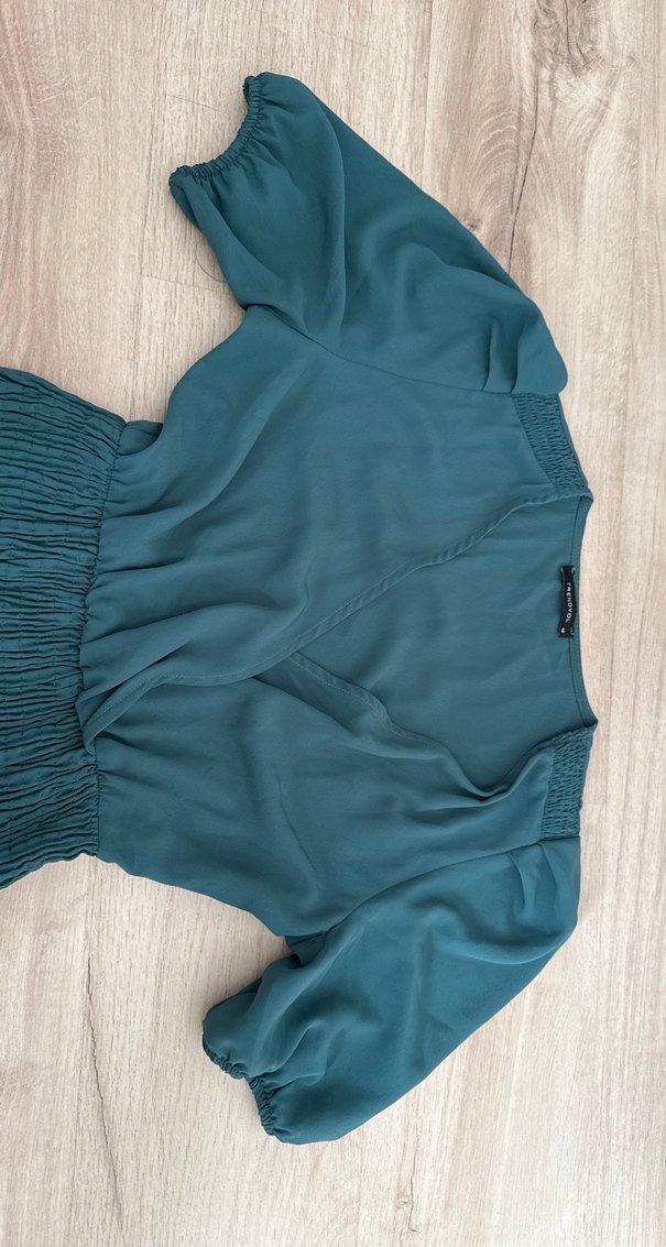 Turkuaz V Yaka Pilili Midi Elbise - Görsel 2