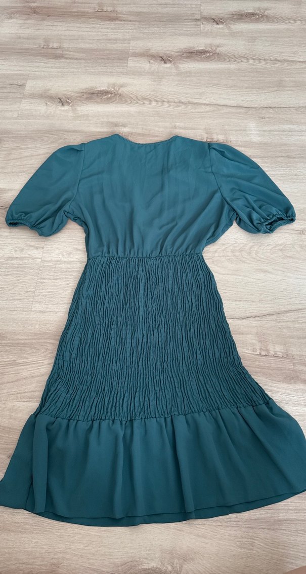 Turkuaz V Yaka Pilili Midi Elbise - Görsel 3