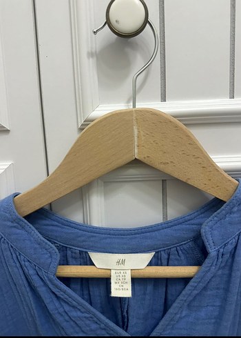 Mavi V Yaka Uzun Kollu Kadın Keten Gömlek - Görsel 2