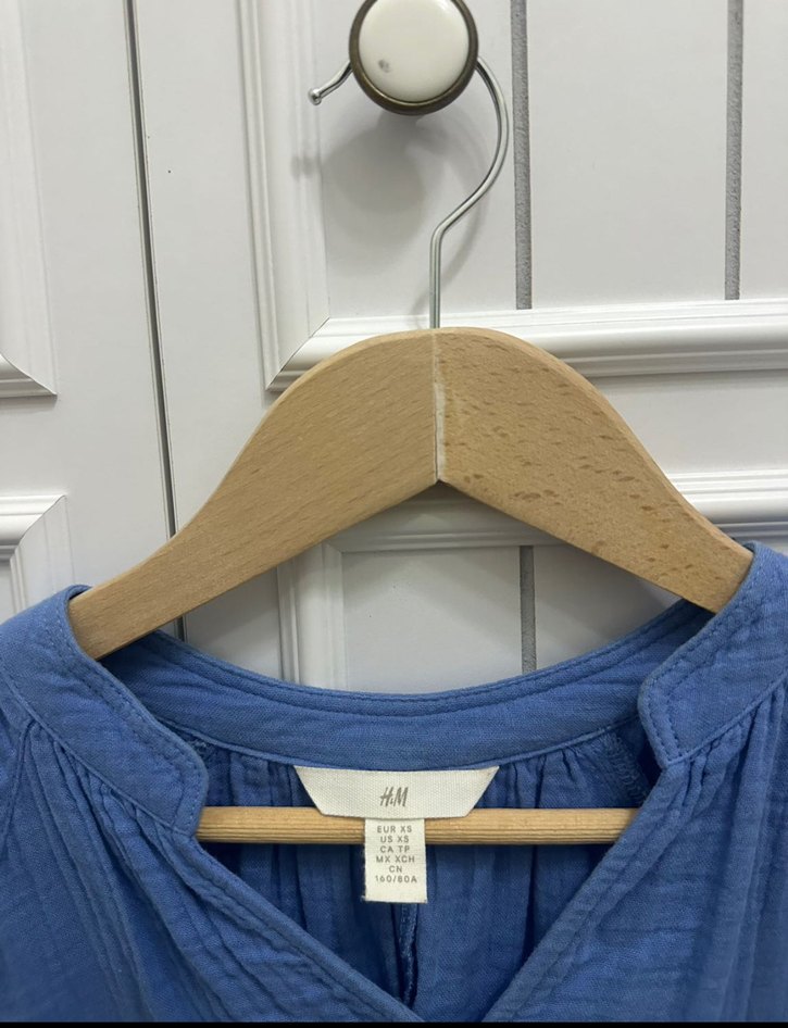 Mavi V Yaka Uzun Kollu Kadın Keten Gömlek - Görsel 2