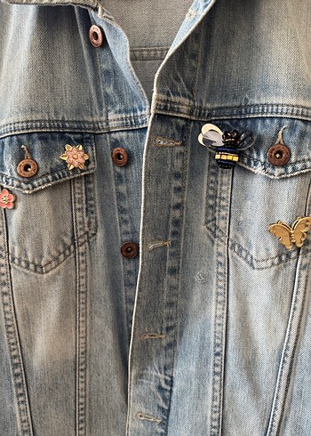 s Beden Nakışlı Düğmeli Mavi Denim Yelek