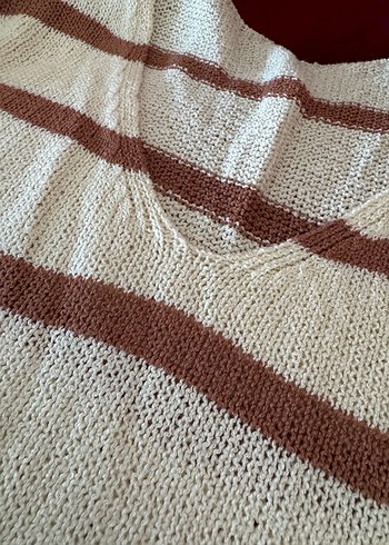 Bej Çizgili Bohem Kadın Triko - Görsel 2