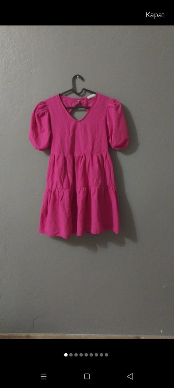 Pembe Mini Elbise, Fırfırlı, V Yaka - Görsel 2