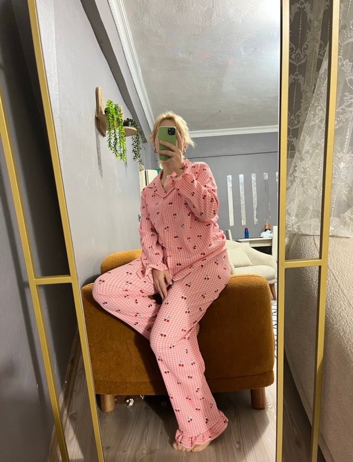 Pembe Uzun Kollu Midi Pijama Takımı - Görsel 2