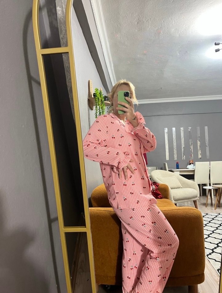 Pembe Uzun Kollu Midi Pijama Takımı - Görsel 3