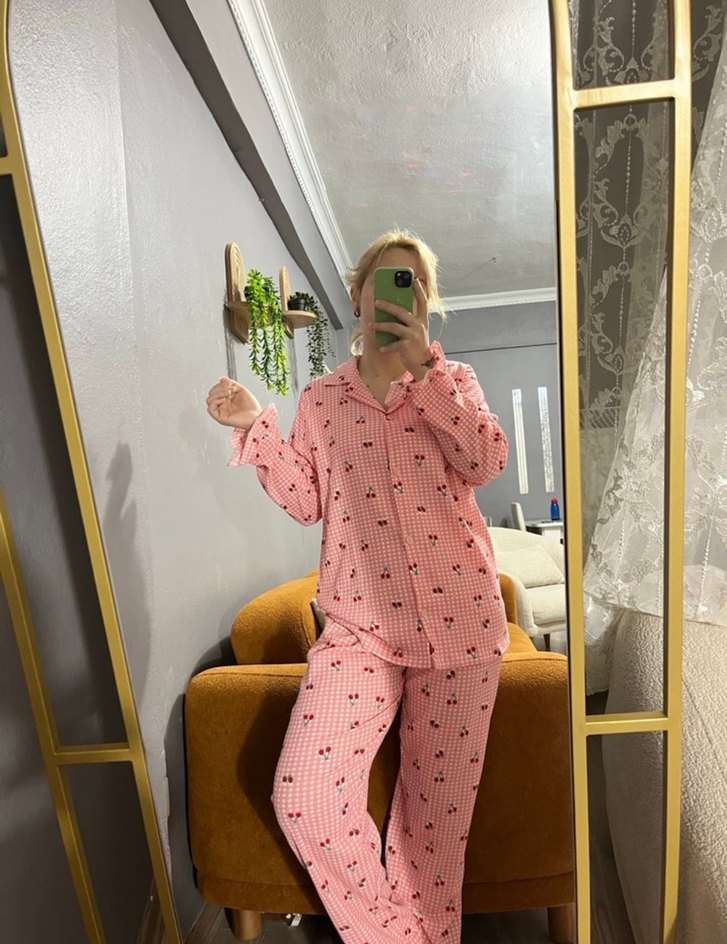 Pembe Uzun Kollu Midi Pijama Takımı - Görsel 4