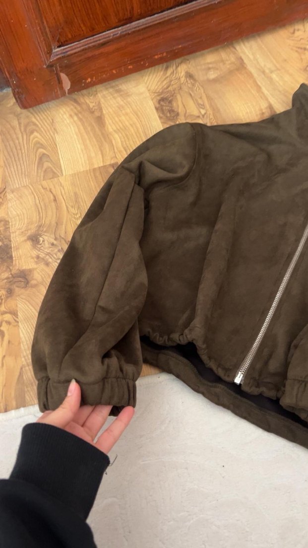 Kadın yeşil  Süet Fermuarlı Ceket - Görsel 2