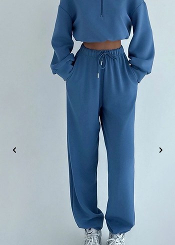 Kadın Mavi Fermuarlı Sweatshirt ve Eşofman Takımı - Görsel 3