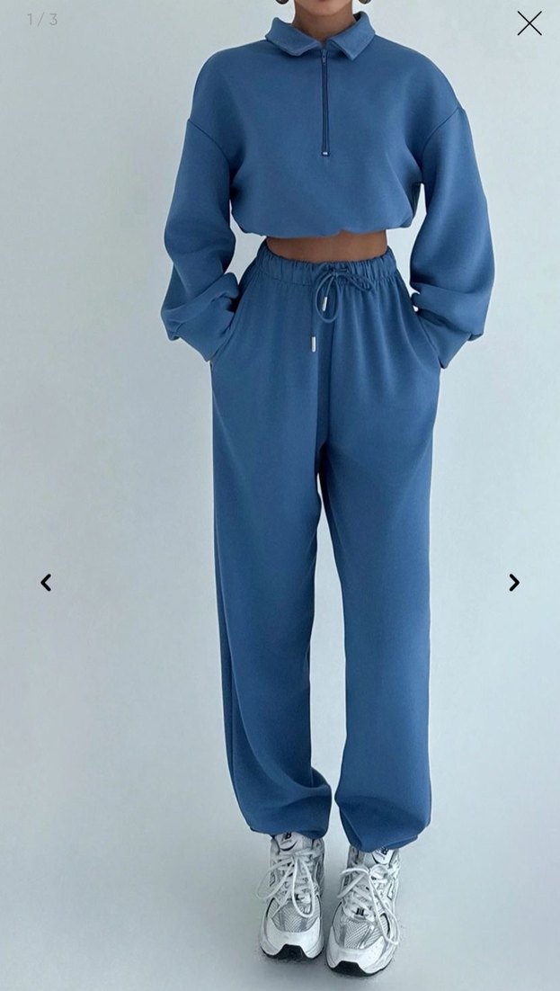 Kadın Mavi Fermuarlı Sweatshirt ve Eşofman Takımı - Görsel 3