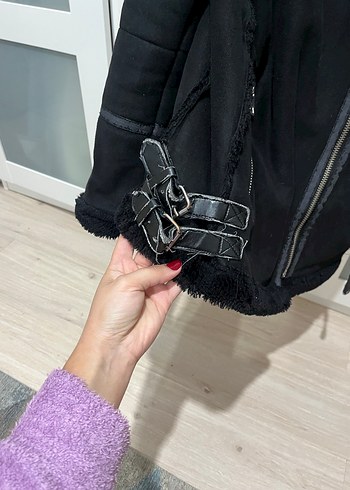 m Beden Pull & Bear Siyah Süet İçi Kürklü Biker Ceket Kaban
