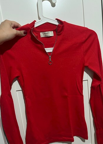 Pull & Bear Kırmızı Yarım Fermuarlı Uzun Kollu İnce Triko