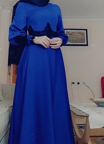 Mavi kalın yumuşak saten abiye - Görsel 2