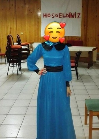 Mavi, Piliseli, Uzun Kollu, Yüksek Yakalı Abiye