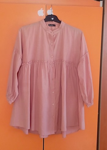 Pudra Renkli Düğmeli Midi Keten Tunik