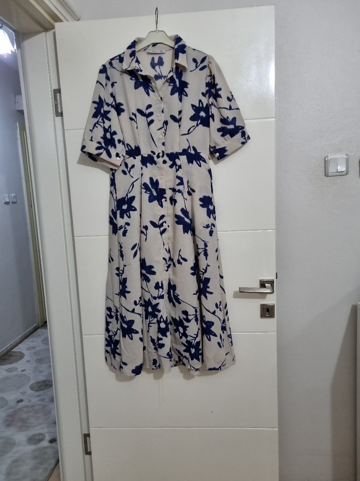 Bohem  mavi Beyaz Desenli kısa Elbise - Görsel 2