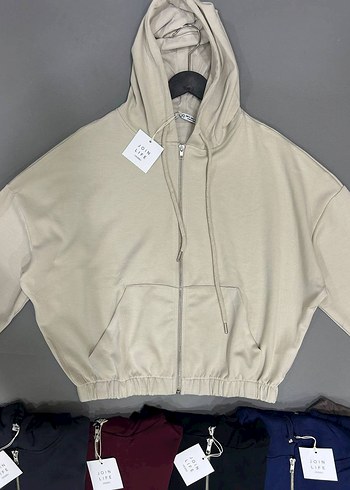 Bej Kapüşonlu Fermuarlı Kısa Sweatshirt