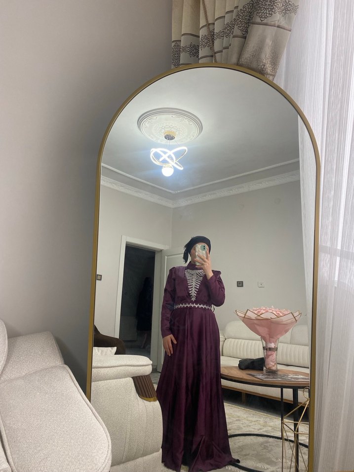 Drapeli Uzun Mor Kadın Abiye Elbise - Görsel 5