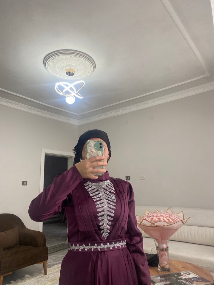 Drapeli Uzun Mor Kadın Abiye Elbise - Görsel 3