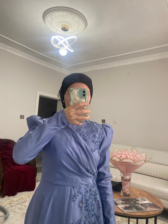 Mor İşlemeli Uzun Kollu Abiye Elbise - Görsel 4