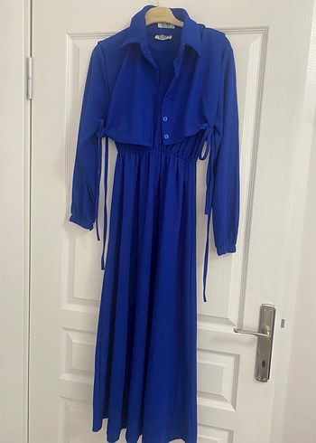 Uzun Kollu Mavi Drapeli Kadın Elbise - Görsel 2