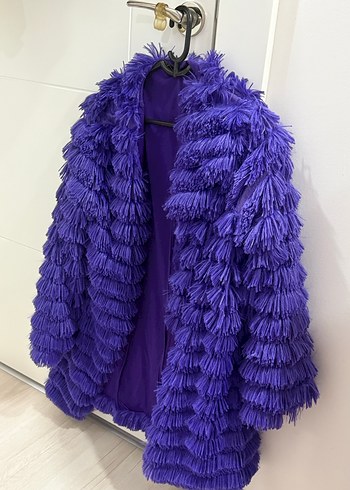 Mor Kadın Kürk Detaylı Midi Boy Ceket - Görsel 2