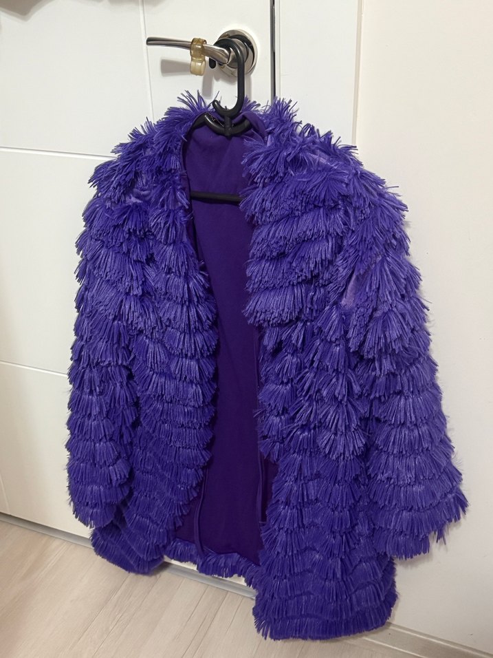 Mor Kadın Kürk Detaylı Midi Boy Ceket - Görsel 3