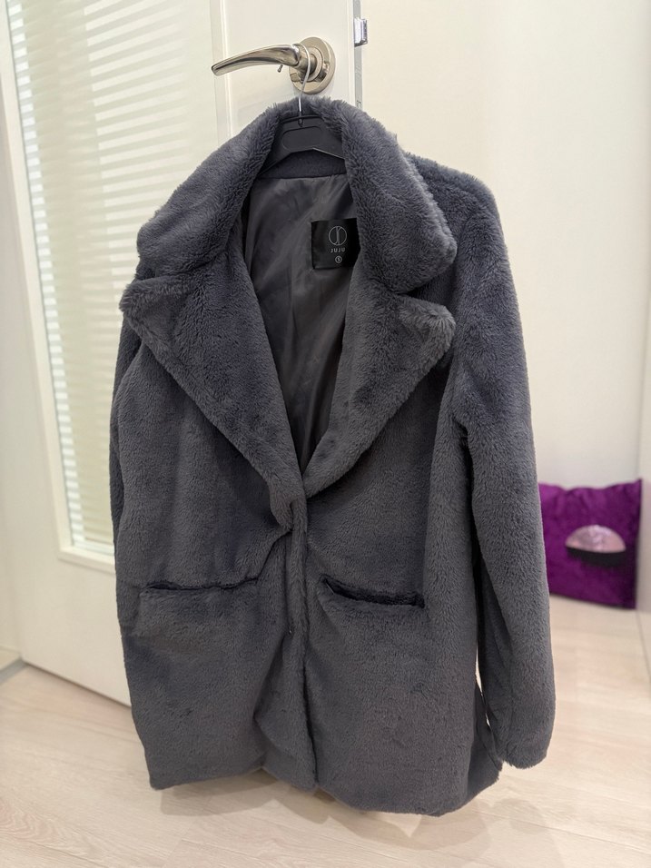 Gri Midi Kadın Palto Kürk - Görsel 2