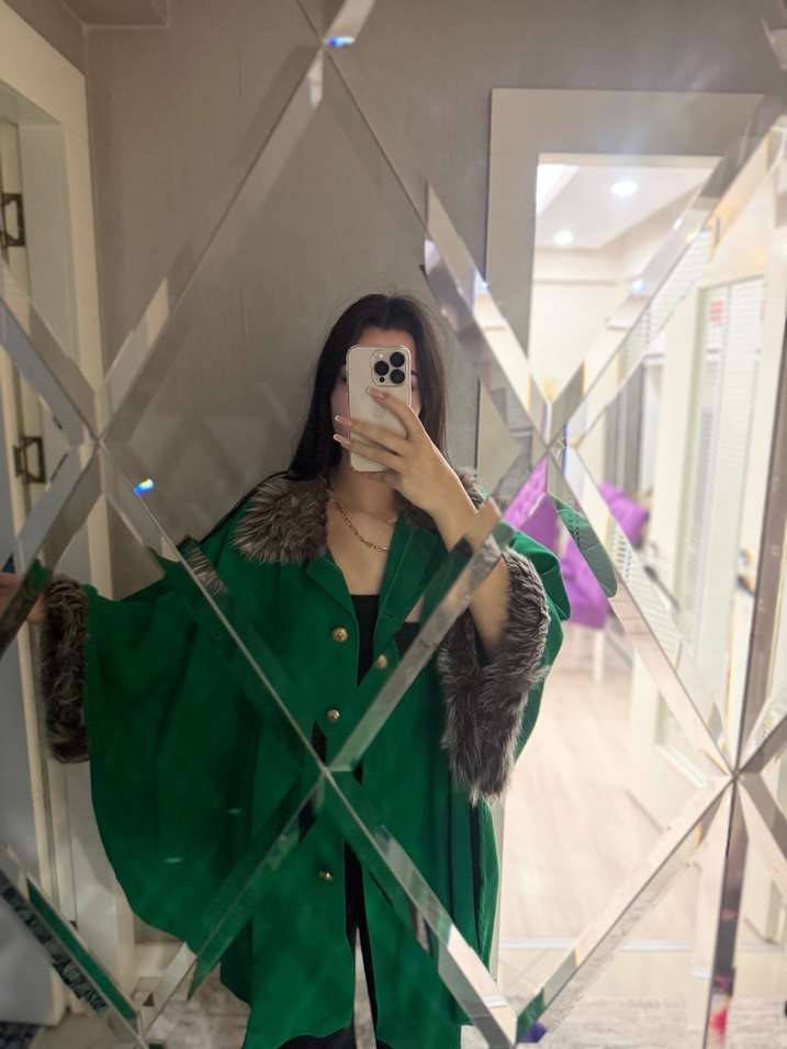 Kürklü Yeşil Kadın Uzun Kaban - Görsel 3