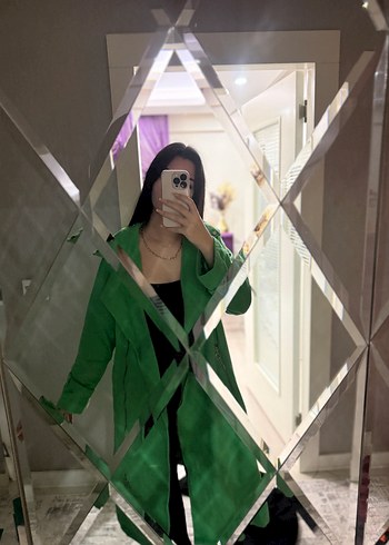 Uzun Yeşil Keten Kadın Trençkot - Görsel 2