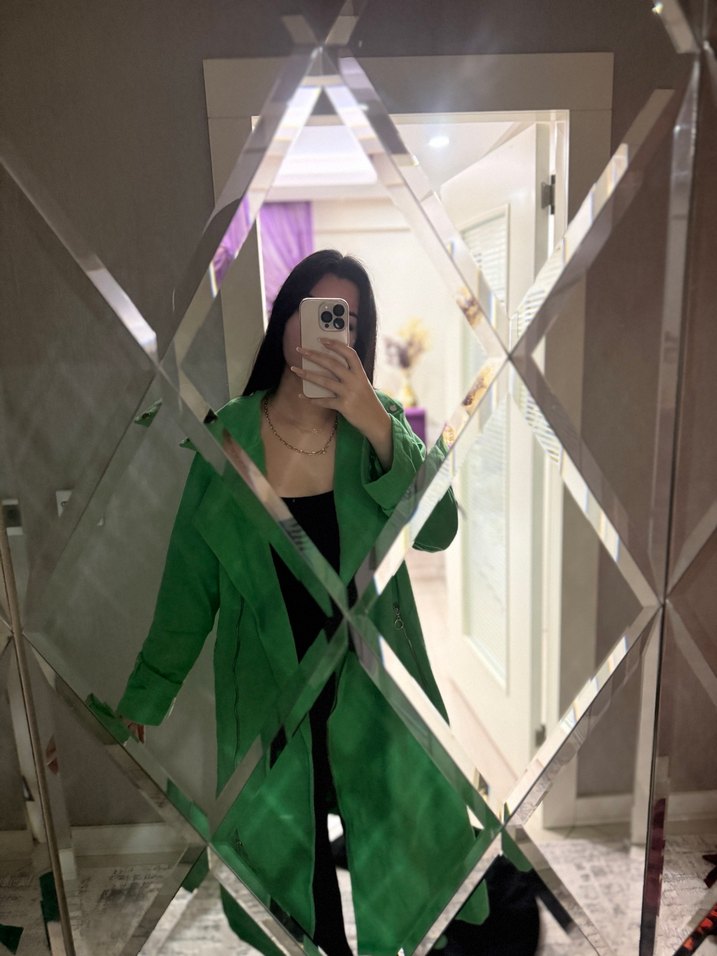 Uzun Yeşil Keten Kadın Trençkot - Görsel 2