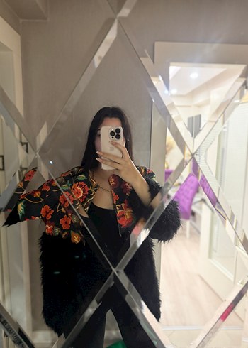 Çiçek Desenli Bohem Kadın Kürklü Midi Ceket - Görsel 2