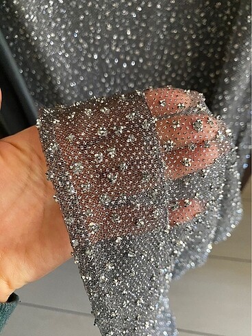 tül taşlı tel omuz abiye - Görsel 7