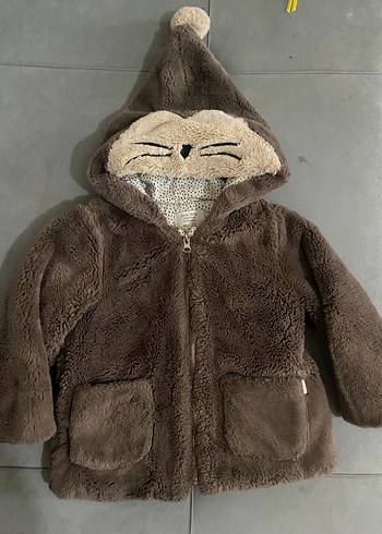 Kız Çocuk Kahverengi Kapüşonlu Peluş Ceket - Görsel 2